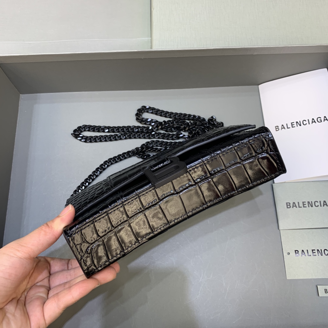 Balenciaga Small Hourglass Wallet With Chain Crocodile Embossed Shoulder Bag Black